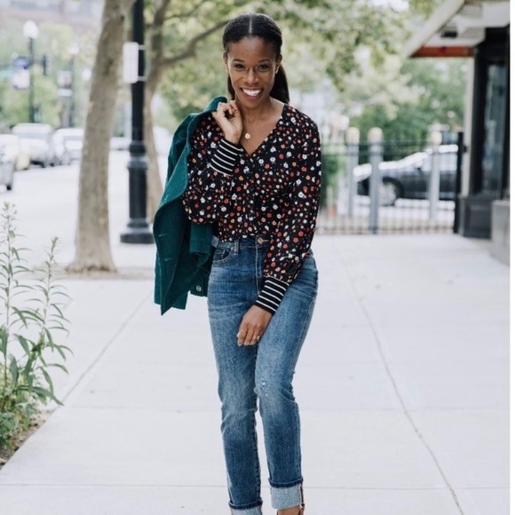 CAbi 3957 Cheerful Button Front Blouse Floral Mixed Stripe - Size L EUC - Picture 4 of 16